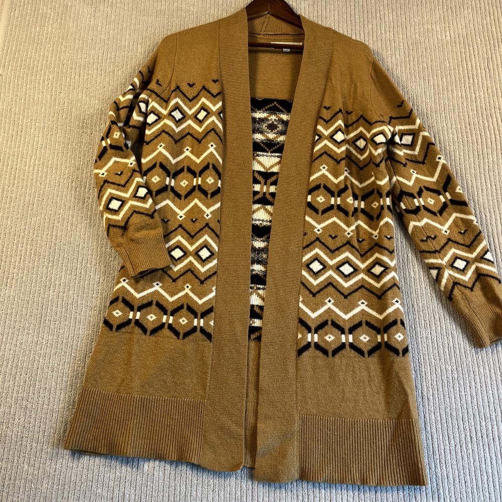 Loft Aztec Cardigan Sweater Women's M Beige Southwestern Open Waterfall Mid Lgth